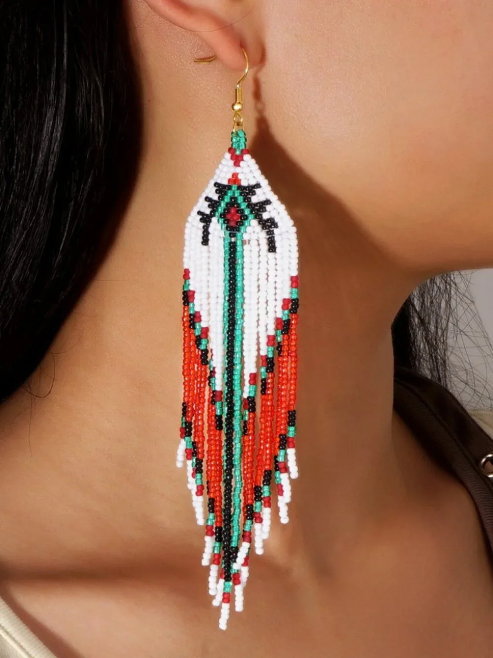 Boho Hand Woven Seed Bead Long Tassel Drop Earrings Colorful Tribal Style Dangle